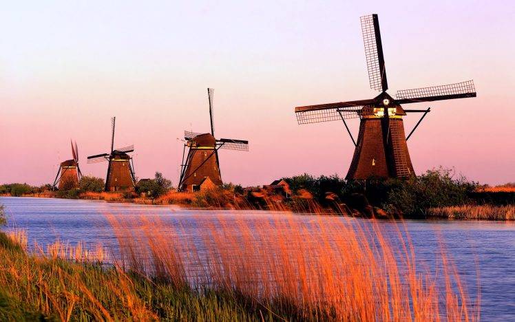 river, Windmills, Building, Nature, Landscape, Sunset, Sky HD Wallpaper Desktop Background