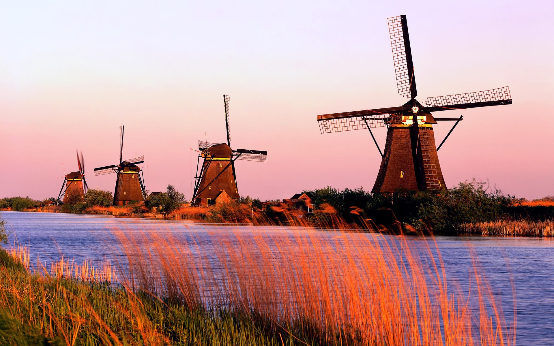 river, Windmills, Building, Nature, Landscape, Sunset, Sky Wallpaper