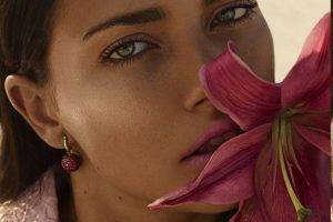 women, Brunette, Green Eyes, Flowers, Closeup, Portrait, Lilies, Model, Adriana Lima