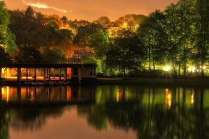 lake, Trees, House, Reflection, Lights