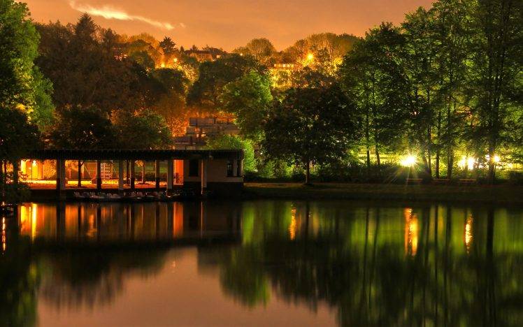 lake, Trees, House, Reflection, Lights HD Wallpaper Desktop Background