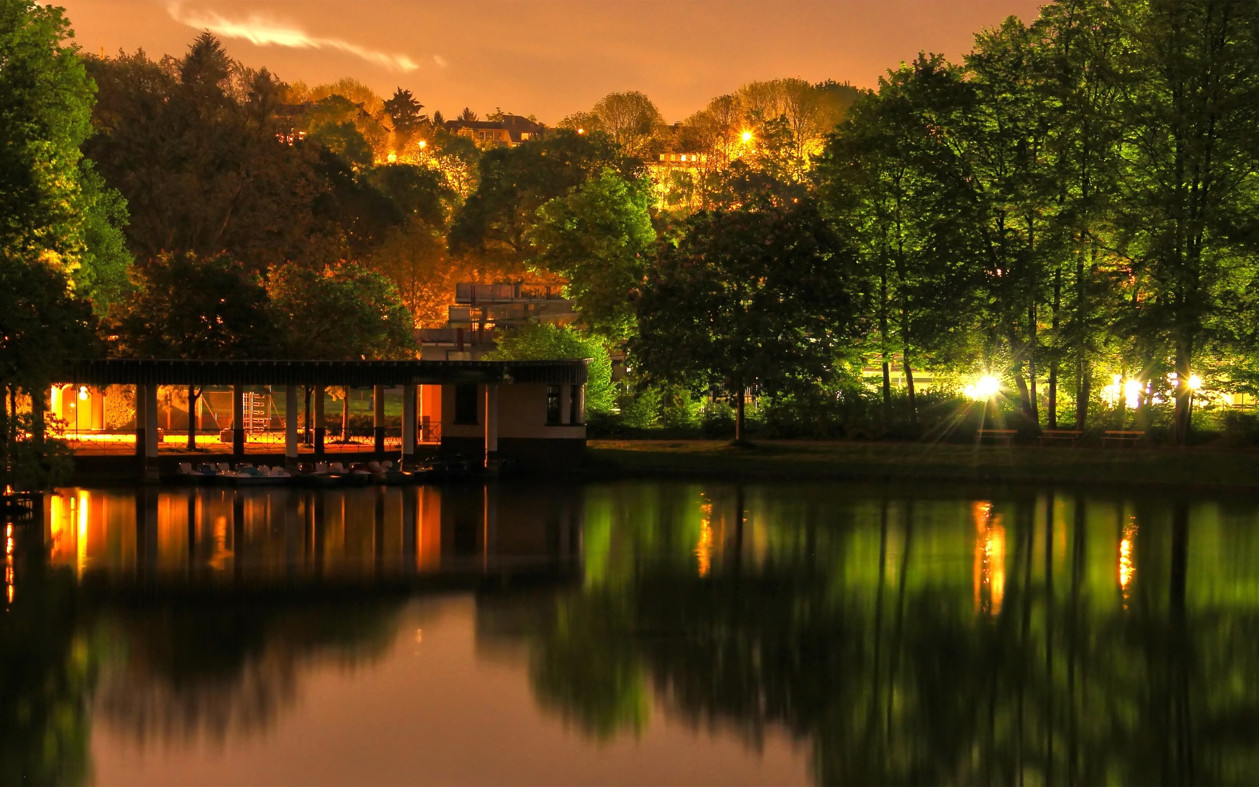 lake, Trees, House, Reflection, Lights Wallpaper