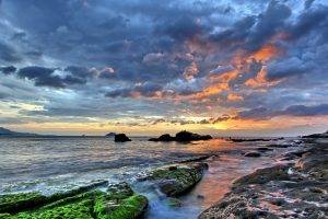 water, Sunset, Clouds, Sea, Rock, Landscape