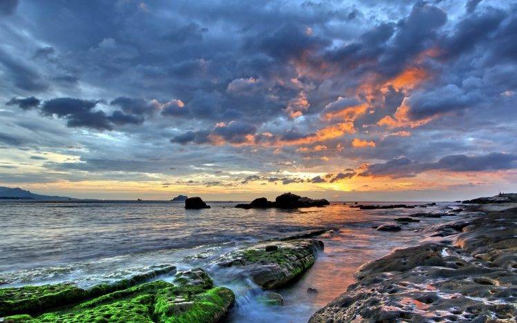 water, Sunset, Clouds, Sea, Rock, Landscape HD Wallpaper Desktop Background