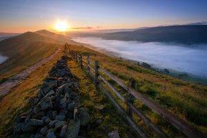 mountain, Fence, Mist, Sunlight, Landscape, Path, Rock, Nature