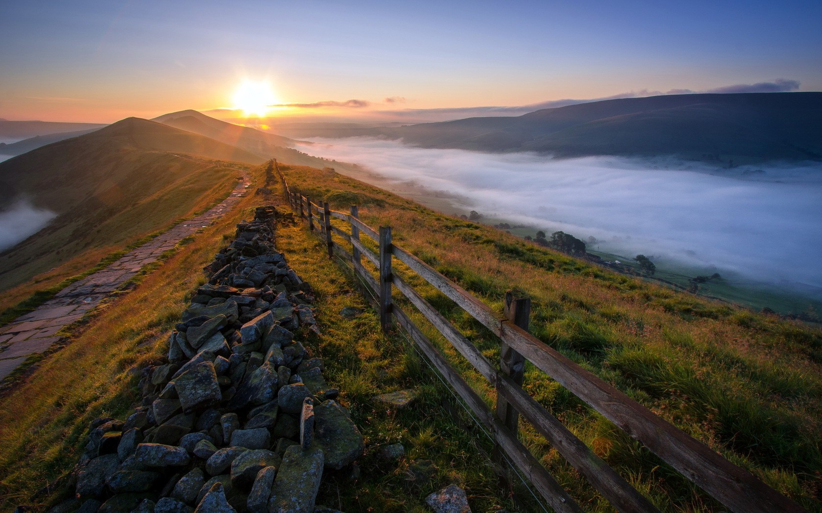 mountain, Fence, Mist, Sunlight, Landscape, Path, Rock, Nature Wallpaper