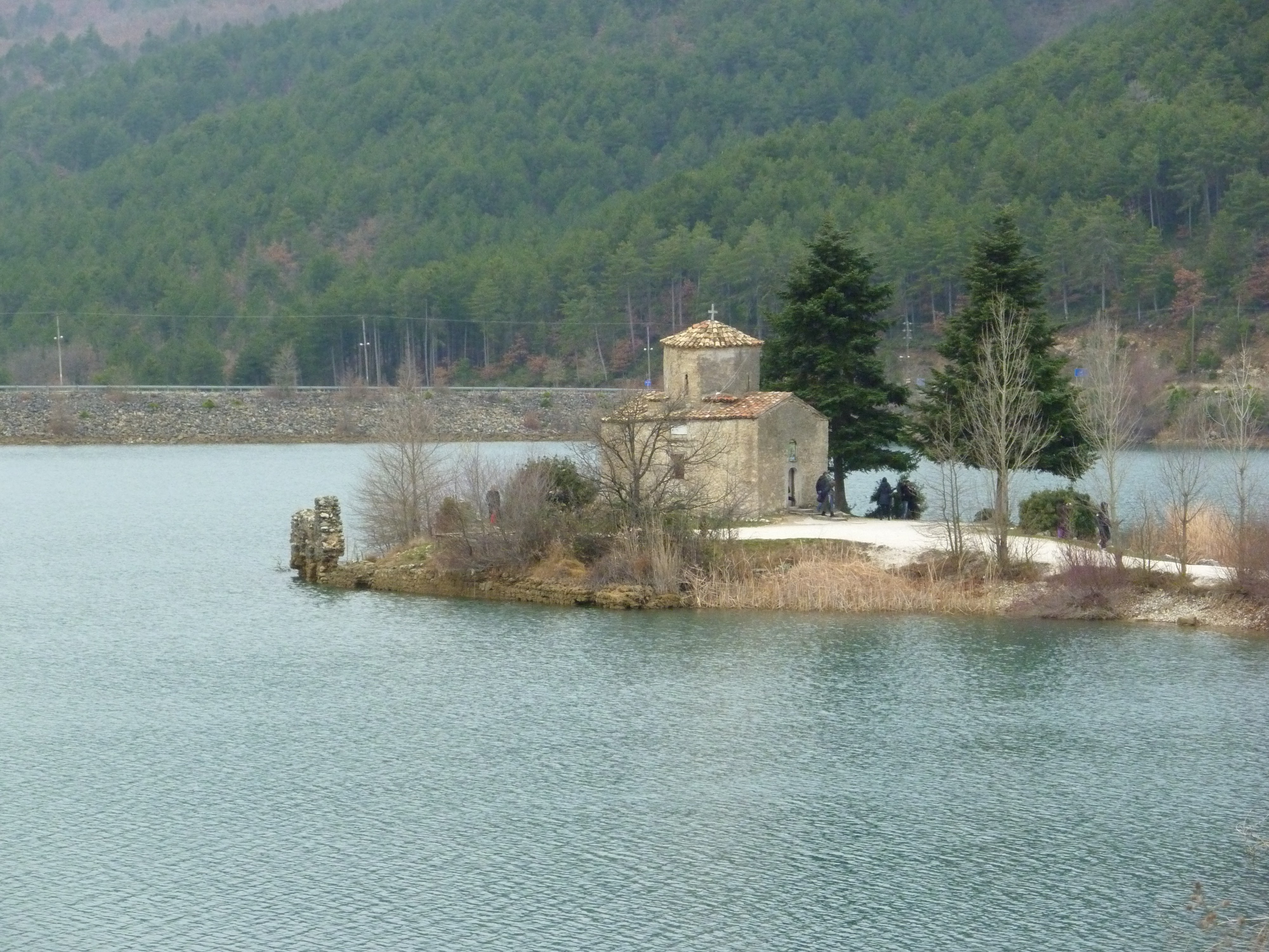 Greece, Lake, Trees, Church, Landscape Wallpaper