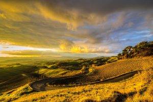 nature, Italy, Hill, Sunlight, Field, Road, Clouds, Trees, Tuscany, Sunset