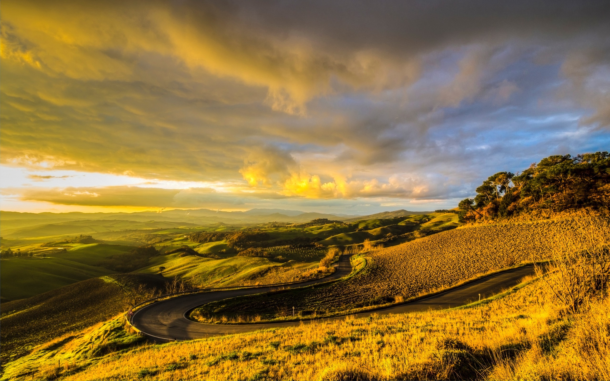 nature, Italy, Hill, Sunlight, Field, Road, Clouds, Trees, Tuscany, Sunset Wallpaper
