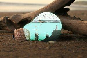 water, Photo Manipulation, Light Bulb, Wood, Beach, Sand, Macro, Nature, Sea