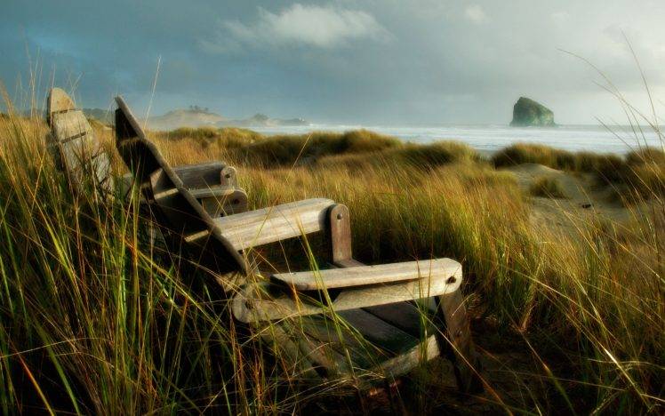 bench, Grass, Nature, Coast, Beach, Sea HD Wallpaper Desktop Background
