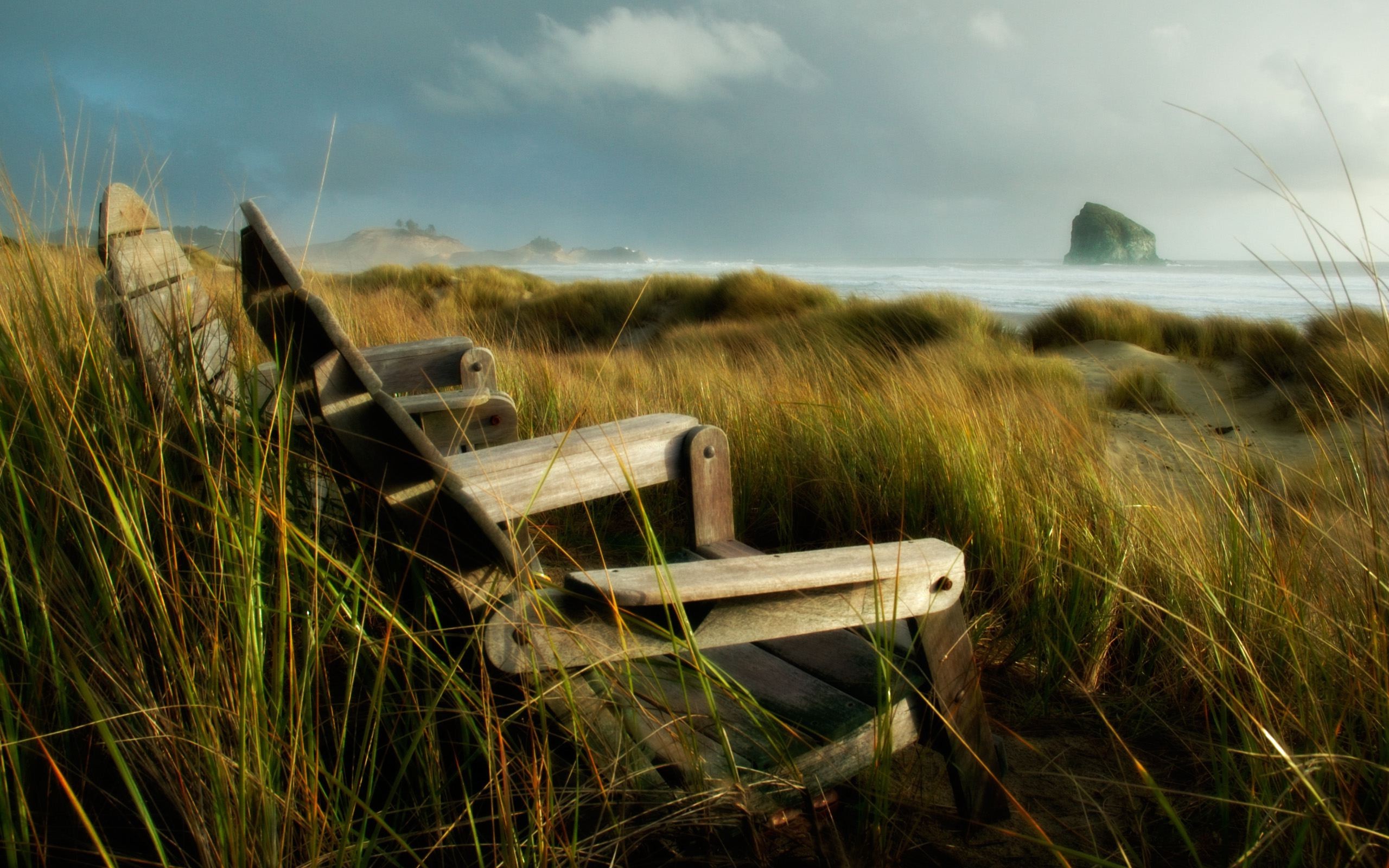 bench, Grass, Nature, Coast, Beach, Sea Wallpaper