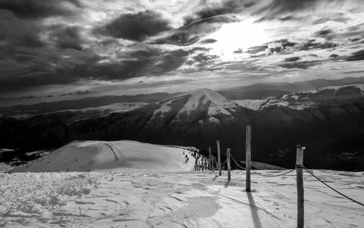 mountain, Nature, Landscape, Clouds, Skiing, Fence, Snow HD Wallpaper Desktop Background