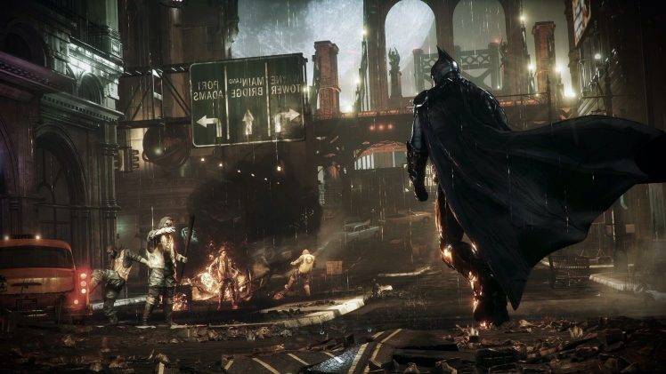 Batman, Gotham City, Batman: Arkham Knight, Fire, Street, Building, Smoke, Taxi HD Wallpaper Desktop Background