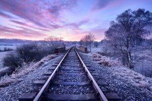 nature, Railway, Trees, Winter, Sunset, Clouds