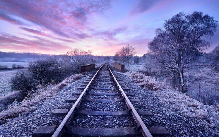 nature, Railway, Trees, Winter, Sunset, Clouds HD Wallpaper Desktop Background