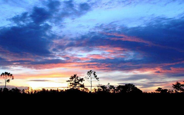 nature, Landscape, Silhouette, Trees, Sky, Clouds, Sunset HD Wallpaper Desktop Background