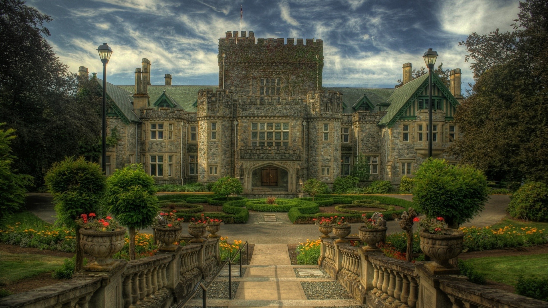 architecture, Castle, Trees, Canada, HDR, Park, Clouds, Flowers, Fence Wallpaper