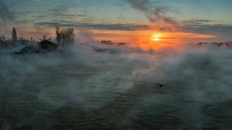 sunset, Nature, Landscape, Clouds, Mist, Water HD Wallpaper Desktop Background