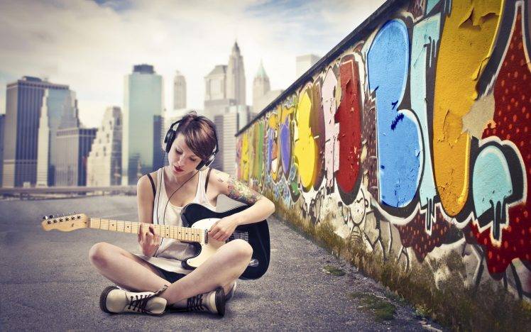 women, Guitar, Graffiti, Brunette HD Wallpaper Desktop Background