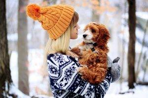 dog, Women, Orange, Woolly Hat, Sweater