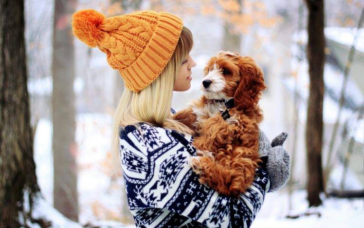 dog, Women, Orange, Woolly Hat, Sweater HD Wallpaper Desktop Background