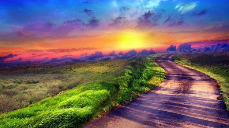 photo Manipulation, Landscape, Nature, Road, Field, Sunset, Grass, Clouds HD Wallpaper Desktop Background