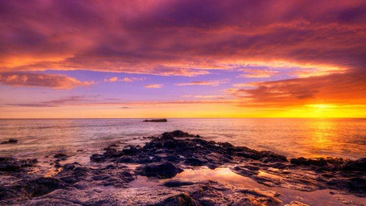 landscape, Nature, Sunset, Clouds, Sea, Rock, Reflection, Water, Coast, Sky HD Wallpaper Desktop Background