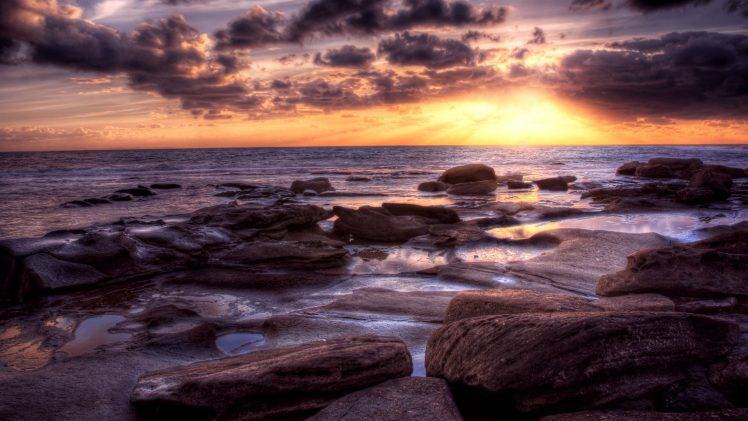 landscape, HDR, Nature, Sunset, Clouds, Sea, Rock, Coast HD Wallpaper Desktop Background