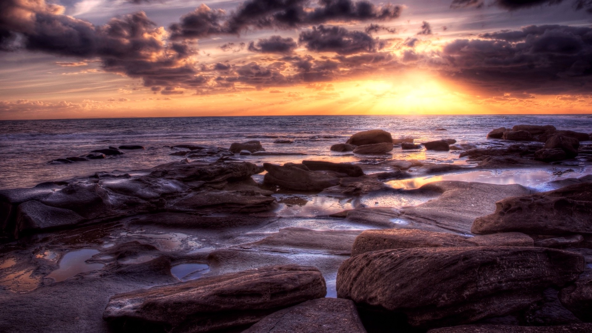 landscape, HDR, Nature, Sunset, Clouds, Sea, Rock, Coast Wallpaper