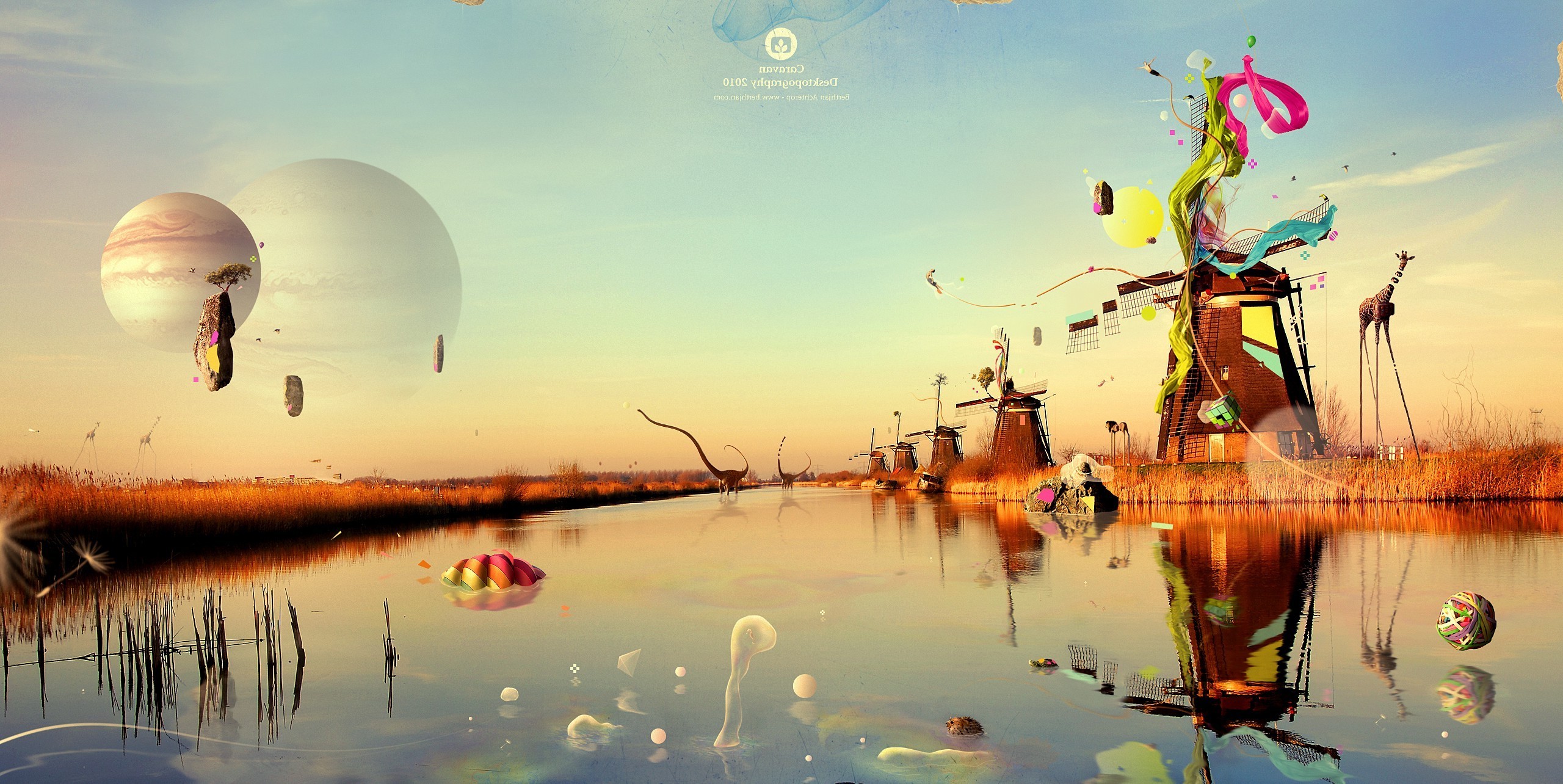 Desktopography, Surreal, Windmills, Water, Reflection, Giraffes, Planet Wallpaper