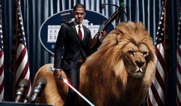 Barack Obama, Digital Art, Artwork, Lightsaber, Lion, Crossbows, Presidents, Humor, Flag HD Wallpaper Desktop Background