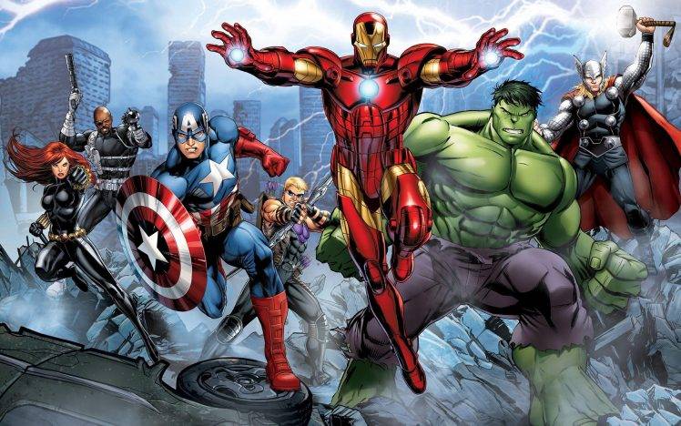 The Avengers, Iron Man, Hulk, Hawkeye, Thor, Captain America, Nick Fury, Black Widow, Lightning, Marvel Comics HD Wallpaper Desktop Background