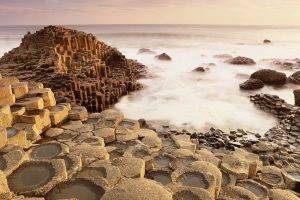 nature, Landscape, Giants Causeway, Sea, Waves, Rock, Rock Formation, Ireland, Long Exposure, Horizon, Clouds