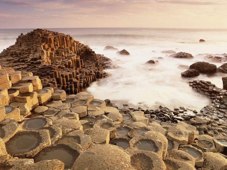 nature, Landscape, Giants Causeway, Sea, Waves, Rock, Rock Formation, Ireland, Long Exposure, Horizon, Clouds HD Wallpaper Desktop Background
