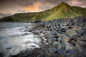 nature, Landscape, Giants Causeway, Sea, Waves, Rock, Rock Formation, Ireland, Long Exposure, Hill, Sky, Water