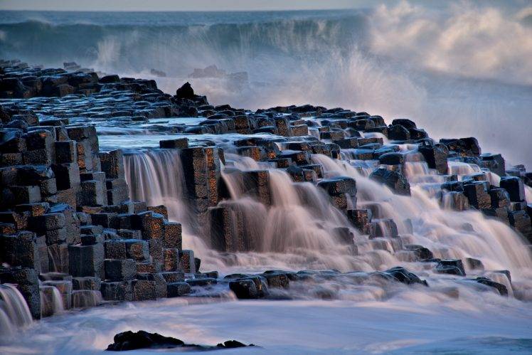 nature, Landscape, Giants Causeway, Sea, Waves, Rock, Rock Formation, Ireland, Long Exposure HD Wallpaper Desktop Background
