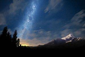 mountain, Space, Stars, Milky Way, Trees