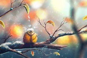 drawing, Nature, Animals, Winter, Snow, Sylar, Birds, Leaves, Fall, Titmouse