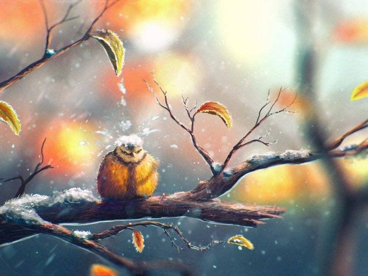 drawing, Nature, Animals, Winter, Snow, Sylar, Birds, Leaves, Fall, Titmouse HD Wallpaper Desktop Background