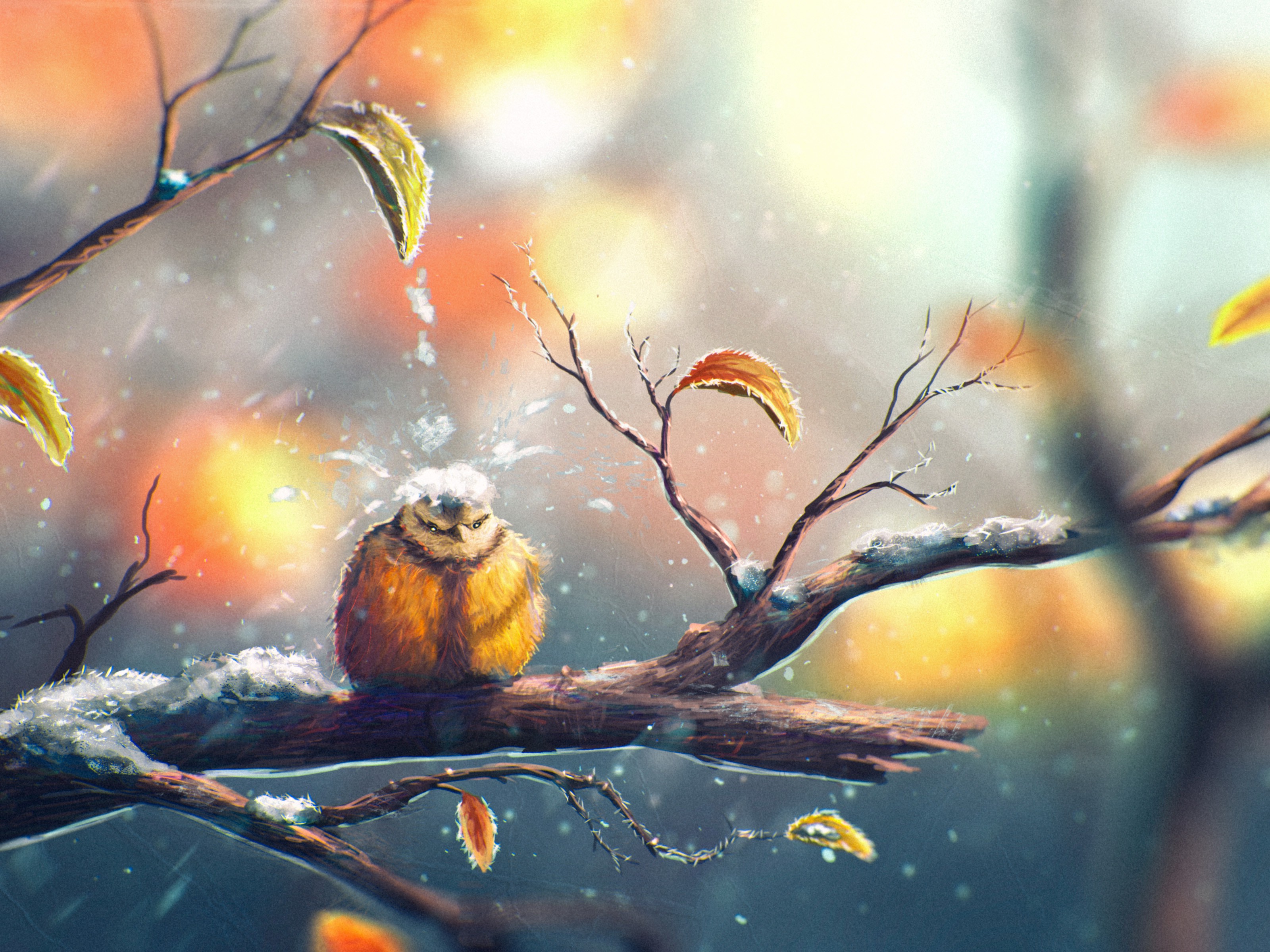 drawing, Nature, Animals, Winter, Snow, Sylar, Birds, Leaves, Fall, Titmouse Wallpaper