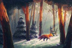 nature, Animals, Snow, Artwork, Digital Art, Forest, Sylar, Sunlight, Fox