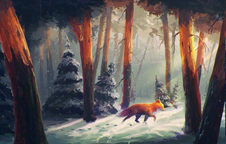 nature, Animals, Snow, Artwork, Digital Art, Forest, Sylar, Sunlight, Fox HD Wallpaper Desktop Background