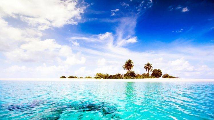 sea, Dhiggiri Island, Maldives, Nature, Clouds, Water, Sky, Tropical, Island, Palm Trees HD Wallpaper Desktop Background