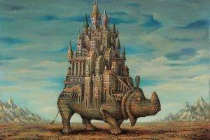 fantasy Art, Artwork, Drawing, Rhino, Bricks, Castle, Tower, Rock, Clouds, Surreal, Animals