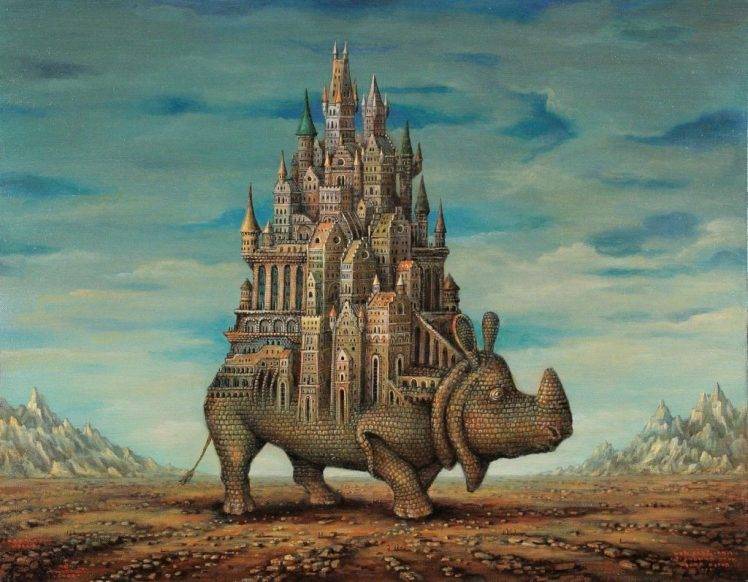 fantasy Art, Artwork, Drawing, Rhino, Bricks, Castle, Tower, Rock, Clouds, Surreal, Animals HD Wallpaper Desktop Background
