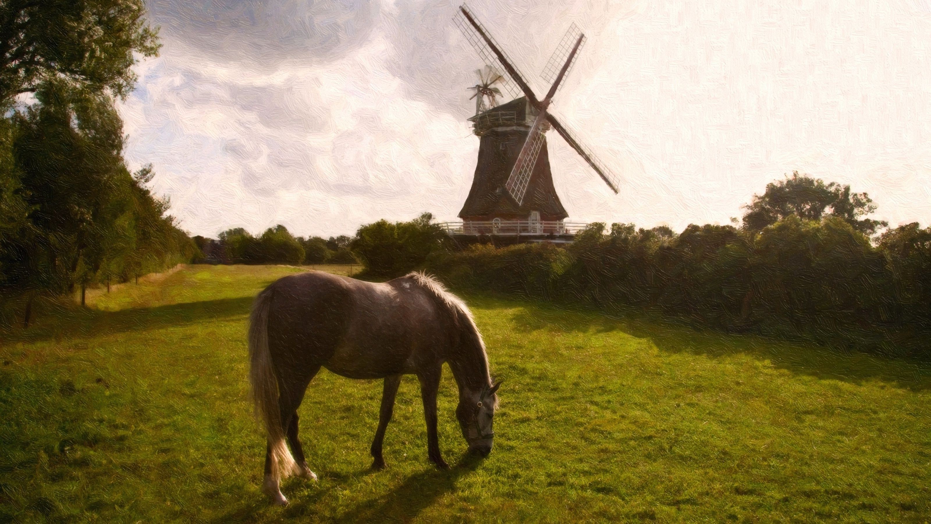 oil Painting, Windmills, Horse, Landscape Wallpaper