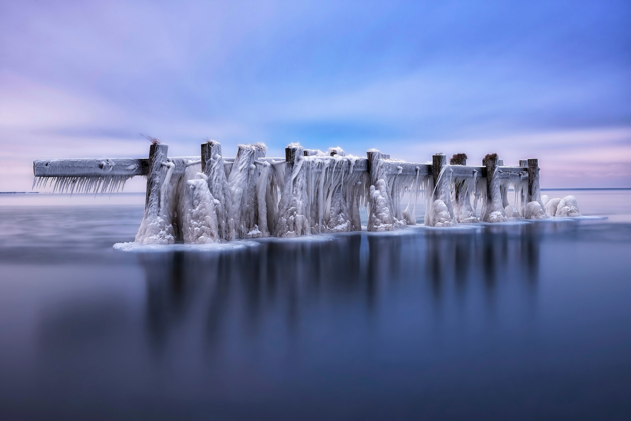 nature, Landscape, Winter, Snow, Ice, Water, Pier, Long Exposure, Clouds, Reflection Wallpaper