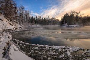 nature, Landscape, Winter, Snow, Ice, Water, Trees, Forest, Clouds, Long Exposure