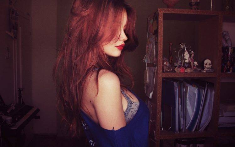 women, Redhead, Red Lipstick, Hair In Face, Long Hair HD Wallpaper Desktop Background